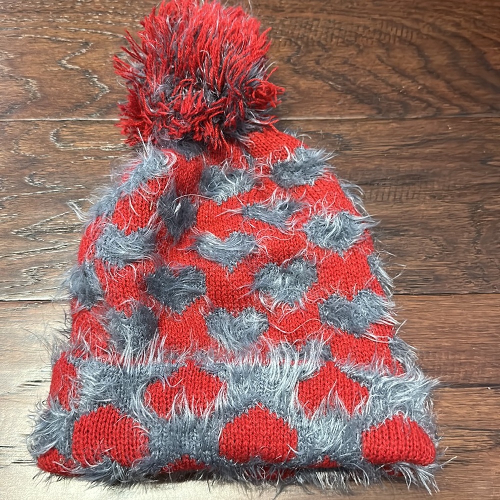 New red & gray heart winter hat furry hearts Pom Pom at top